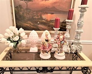 FIGURINES, LARGE CANDLE HOLDERS, SILK FLOWERS