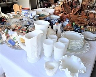 MILK GLASS, MATCH COLLECTION, ORIENTAL SMALL PORCELAINS, WOOD CARVINGS