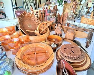DEPRESSION AMBER GLASS PLATES AND CUPS, WOOD COLLECTION