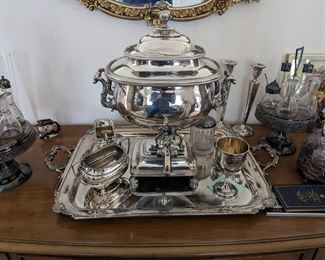 1835 Silver Plated tea/coffee urn.  Also shown is a silver goblet and silver creamer and surgarer
