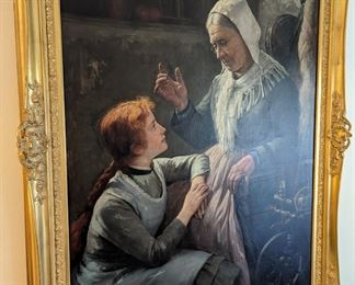 "The Grandmother's Story" by F. Hoeck   Exhibited in Liverpool, England in 1906  (Large Oil Painting)