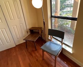 MCM wood chair, cool modern wood floor lamp and another ranch-oak style tiered side table.