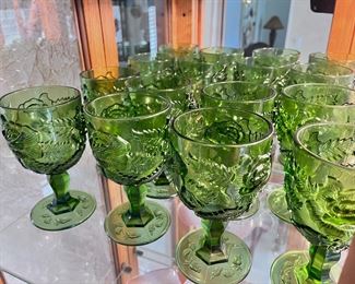 Fenton LG Wright Madonna Inn Green Glass Goblets Wild Rose - Set of 8