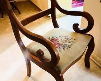 Matching vintage chairs.  Cherry wood and so lovely.  Needlepoint by her mother.  