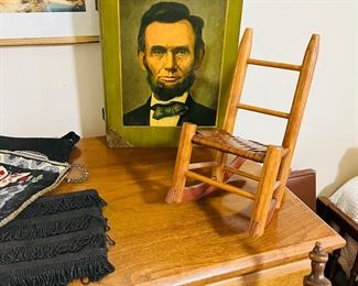 Vintage 1960's Honest Abe trinket box.  Vintage Doll rocking chair.  