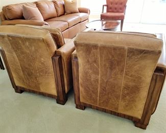 Theodore Alexander Leather Wood Arm Chairs