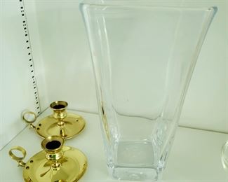 Baldwin brass candle holders, Simon Pearce Hand Blown Vase