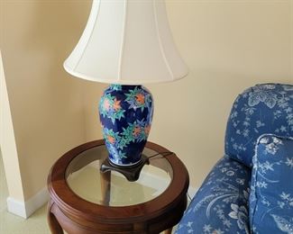 Pair of round End tables and Porcelain lamps
