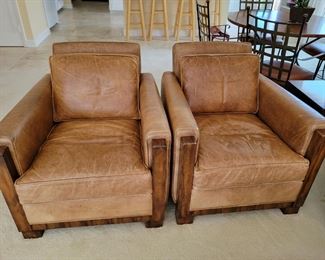 Theodore Alexander Leather Wood Arm Chairs