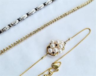 Diamond gold tennis bracelet, pearl bracelet