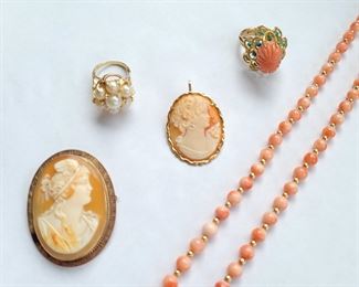 Coral and gold Jewelry and 14k Cameos