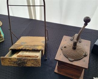 Antique coffee grinder, Old Ration books and carry case