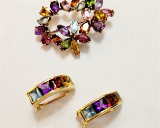 14k gold and semi precious gem stones earrings and brooch