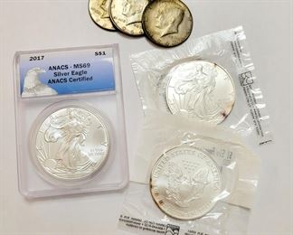 US Silver Eagle and Silver American Eagle Dollars, JFK silver half dollars