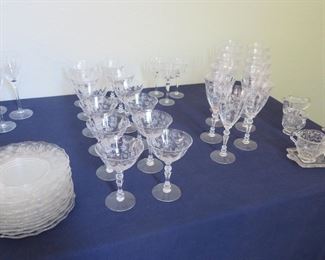 Fostoria Chintz pattern stemware, plates, serving items