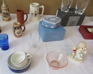 American Airlines china and glass, Wedgwood, pink Depression glass, Disney Precious Moments figurine