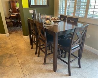 COUNTER HEIGHT DINING TABLE WITH 6 CUSHIONED CHAIRS