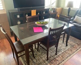 PIER ONE IMPORTS TRENTON STYLE DINING TABLE WITH EXPANDABLE LEFT; GLASS TABLE TOP AND 6 DINING CHAIRS INCLUDED