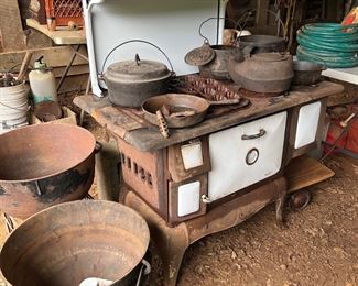 Cast iron kettles 
Cast iron pots and skillets 
Enterprise wood cook stove 