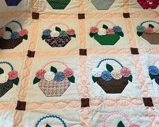 Basket quilt w YoYo flowers  