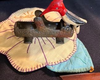 Cast iron woodpecker toothpick holder 