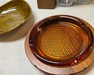 MCM Amber Glass Ashtray w/ Wooden Base