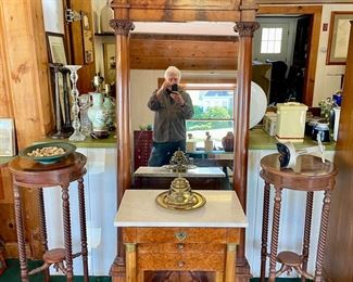 Large Antique American Empire Mirror and French Empire Style Stand with Marble Top