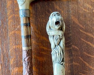 Beautifully detailed carved monkey . Please Note; These two canes are carved Antler.