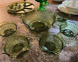 Green Glass Diamond Pattern Chip & Dip Bowls