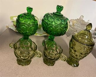 LE Smith Green Glass Compote & MCM Thumbprint Green Glass