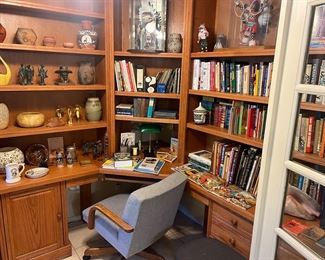 Library of books, Native American pottery, Kachinas
