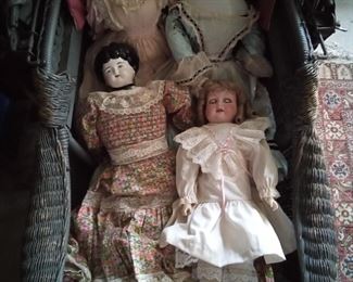 China head and bisque dolls and carriage