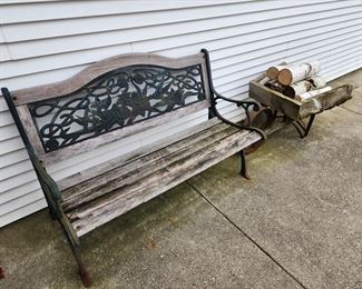 Park Bench and Wood Wheelbarrow