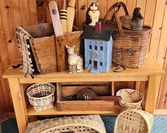 Primitive and Folk Art Decor, Hawkeye Picnic Basket, and Hand Woven Baskets.