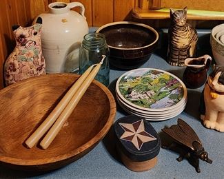Wood Bowl, Pickard Folk Art Plates, Fly Ashtray, Hand Painted, Numbered and Signed Folk Art Cats.