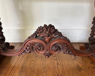 $275 each. Two neo-classical side tables- different cross stretcher carvings.