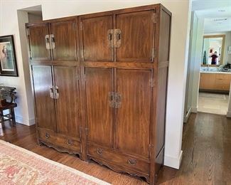 $1000/each. Large walnut chinoiserie cabinets (2) by Mount Airy