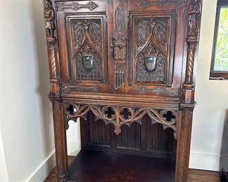  $800. John Sheen carved oak cabinet in the French Gothic Revival style 38 x 21 x 56