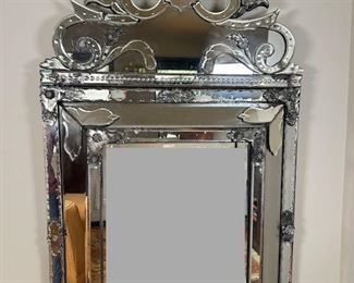 $850 Antique Venetian style etched glass mirror. 33 x 3.25 x 57 in.