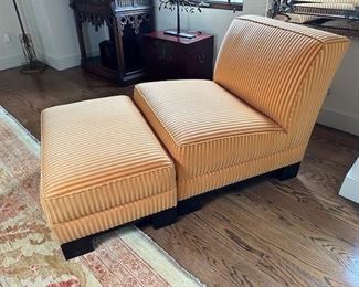 $850 Art Deco velvet upholstery  chair and ottoman. Chair 33 x 34 x 32.75. Ottoman 32 x 22 x 16.5