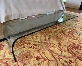 $450 Waterfall style glass bench with cushion 63 x 7.5 x 14.5