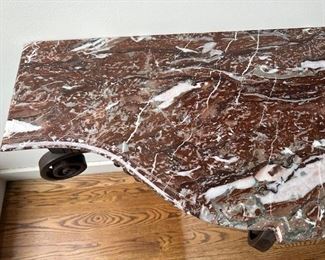 $3000. French wrought-iron console table. A very stylish table re-interpreting late 18th century designs and looking forward to the modernist theatricality of Art Deco. 67.5 x 18 x 38