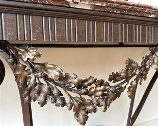 $3000. French wrought-iron console table. A very stylish table re-interpreting late 18th century designs and looking forward to the modernist theatricality of Art Deco. 67.5 x 18 x 38