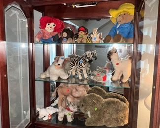 Lighted Cabinet & Vintage Stuffed Animals