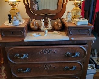 Five drawer marble top dresser with mirror