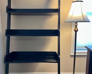 Pottery Barn Studio Bookshelf Ladder (pair); brass floor lamp