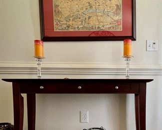 Entry console table; Pottery Barn candle sticks (with candles); Map of London w/nursery rhymes; candle holder in metal stand