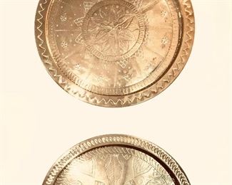 Two brass handmade etched trays from Greece
