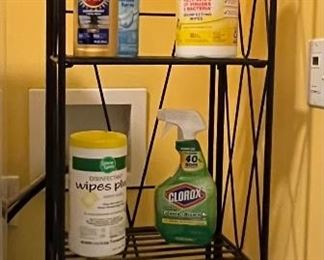 Metal shelving unit with chemicals
