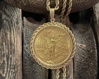 1947 GOLD 50 Peso Coin with 14K GOLD Rope Bezel and Rope Chain